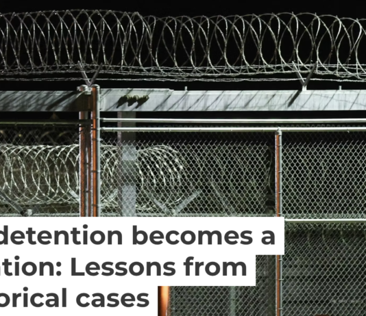 Barbed wire surrounds the GEO Group ICE detention facility in Adelanto, Calif. on July 10, 2025. Patrick T. Fallon/AFP via Getty Images